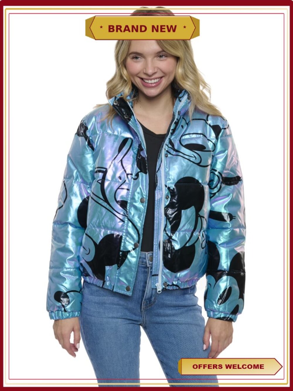Disney Puffer Jacket Shiny Iridescent Mickey Minnie Goofy Donald XS